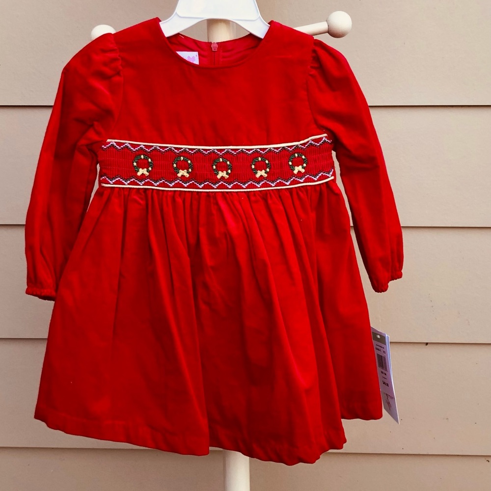 Corduroy, smocked, embroidered baby dress. 18M. NWT